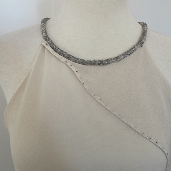 Beaded Neckline Beige & Grey Flow Dress - Picture 2 of 10